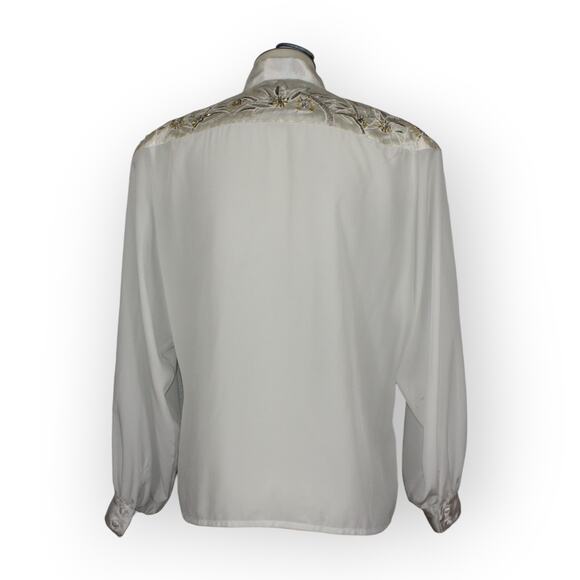 XS/S Vintage Erena by Irene Koenig Satin Blouse Ivory Embellished Yoke - Picture 7 of 16